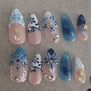 Handmade Blue Floral Press-On Nails